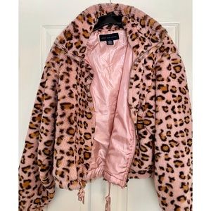 Faux Fur Pink Leopard Bomber Jacket NEVER WORN!